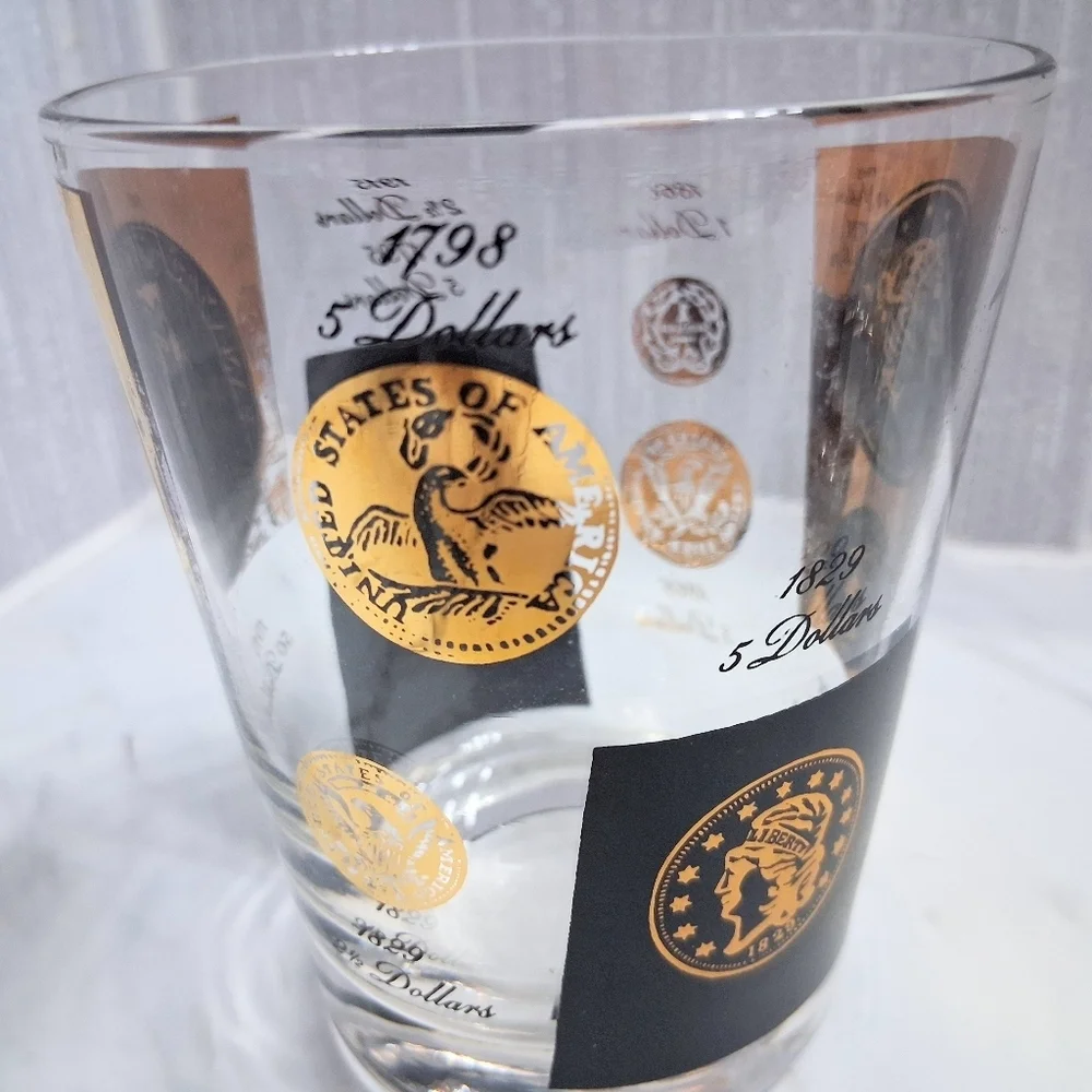 Vintage Cera US Coins Double Old Fashioned Glasses 22k Historical Barware Pair